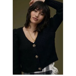 Anthropologie Puff Sleeve Cropped Cardigan Cable Knit Black Medium NEW NWT ANTHR